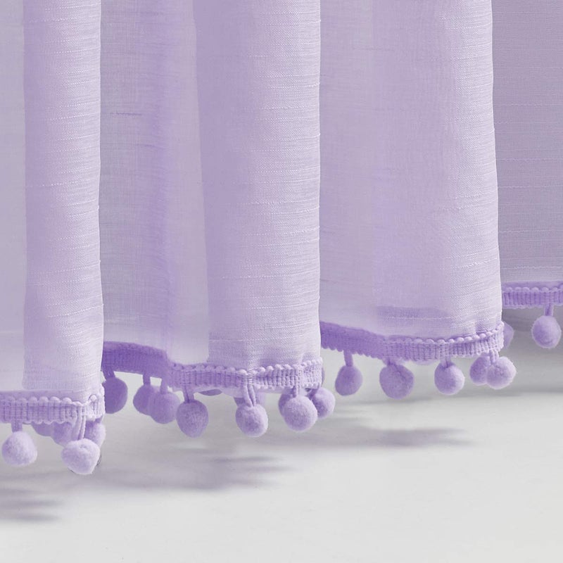 Treatmentex Pom-Pom Sheer Curtains for Kid's Room, 63" Linen Textured Volie Window Curtain Panels Lilac 52" w 1 Pair - Image 5